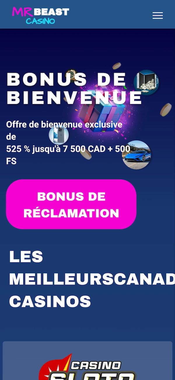 Page d&rsquo;accueil du faux site Mr Beast Casino avec gros bonus de bienvenue 525 % jusqu&rsquo;&agrave; 7 500 CAD et 500 free spins, un bouton &ldquo;Bonus de r&eacute;clamation&rdquo; et une section qui pr&eacute;sente les meilleurs casinos canadiens.