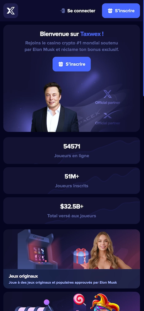 Page d&rsquo;accueil du faux casino Taxwex utilisant l&rsquo;image d&rsquo;Elon Musk sans autorisation, avec fausses statistiques de joueurs, promesses de gains &eacute;lev&eacute;s et mentions trompeuses pour inciter au d&eacute;p&ocirc;t d&rsquo;argent.
