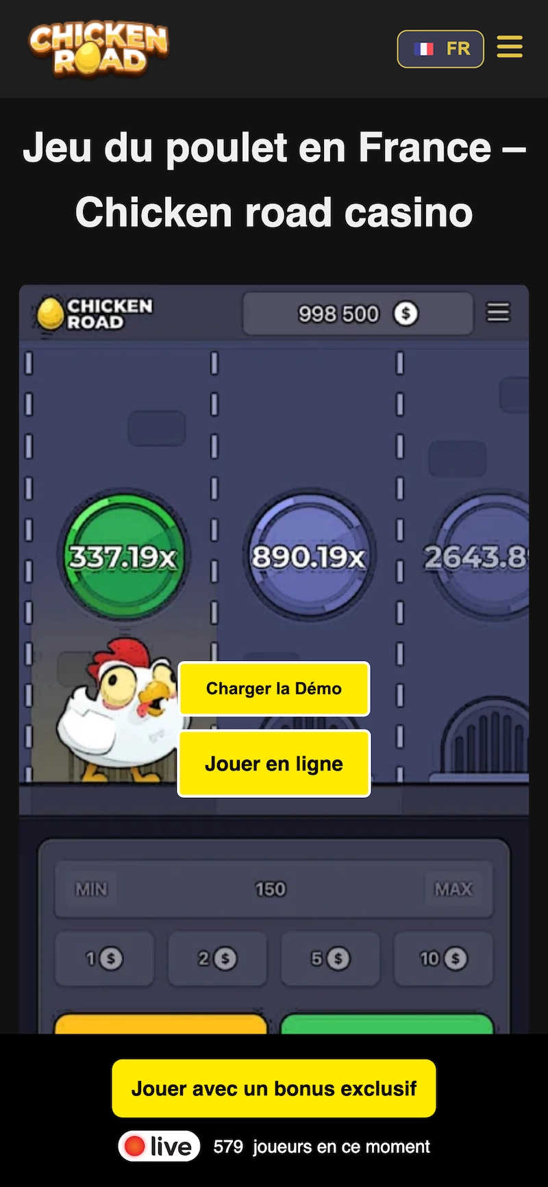 Capture d’écran d’un faux site se présentant comme le jeu du poulet casino en France, utilisant le nom Chicken Road, avec boutons “Charger la Démo”, “Jouer en ligne” et “Jouer avec un bonus exclusif”, compteur de joueurs en direct affiché et design imitant un vrai casino en ligne.