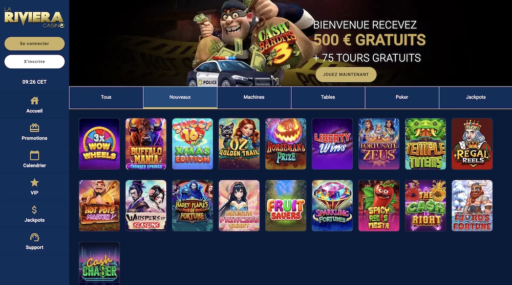 Capture d’écran d’un faux site utilisant le design de La Riviera Casino avec les boutons “Se connecter” et “S’inscrire”, une bannière de bonus jusqu’à 500 € + 75 tours gratuits et une grille de machines à sous, alors que La Riviera Casino est définitivement fermé.