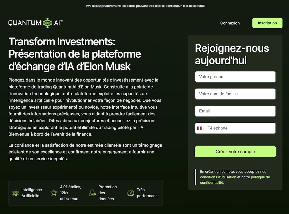 Page du faux site Quantum AI affirmant &agrave; tort &ecirc;tre une plateforme d&rsquo;investissement li&eacute;e &agrave; Elon Musk, avec texte promotionnel mensonger et formulaire de cr&eacute;ation de compte pour tromper les visiteurs.