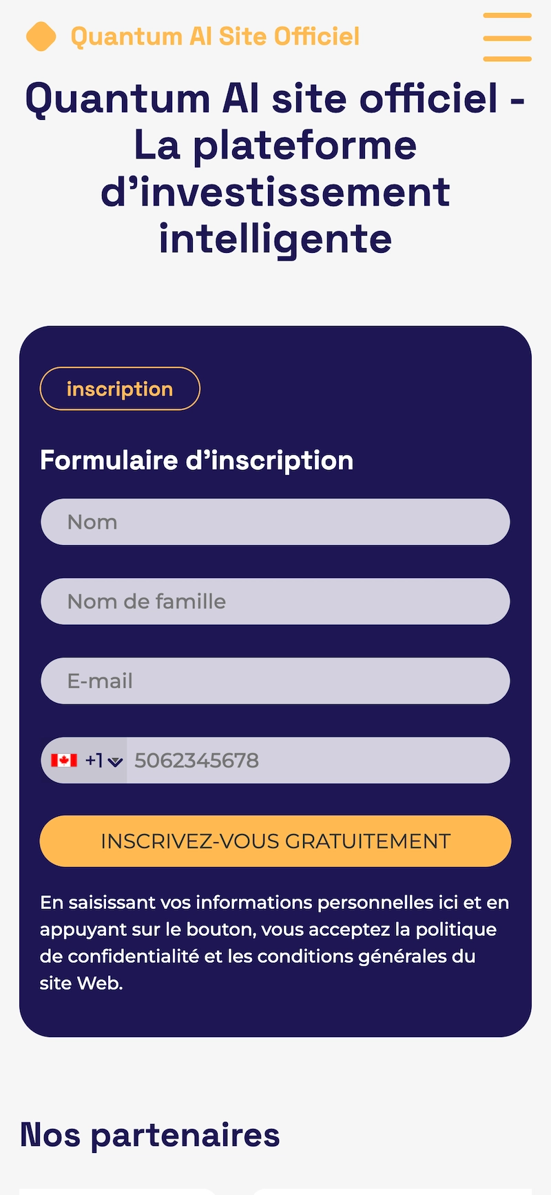 Capture d&rsquo;&eacute;cran mobile du site Quantum AI site officiel affichant un formulaire d&rsquo;inscription, un bouton &ldquo;Inscrivez-vous gratuitement&rdquo; et un discours marketing sur l&rsquo;investissement automatis&eacute; par intelligence artificielle.