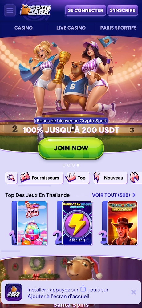 page d’accueil mobile du casino en ligne Spinbara avec bonus de bienvenue, jeux populaires et navigation principale