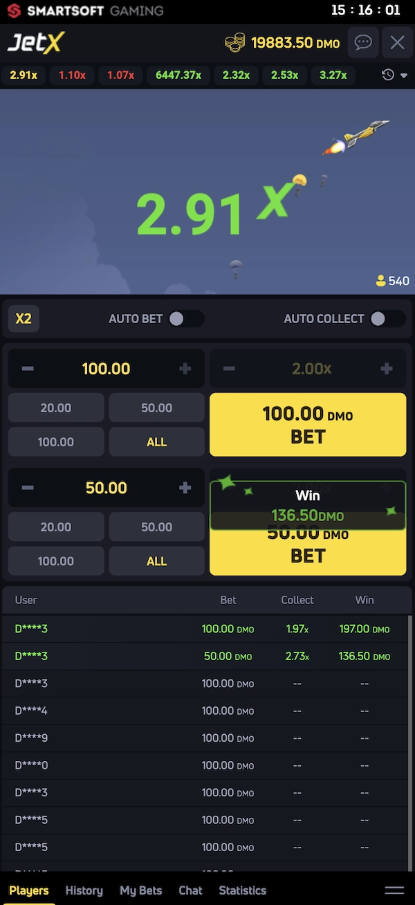 Jeu de la fusée JetX affichant un multiplicateur x2.91 avec un gain de 136.50 DMO après cashout sur une mise pendant la montée de la fusée.