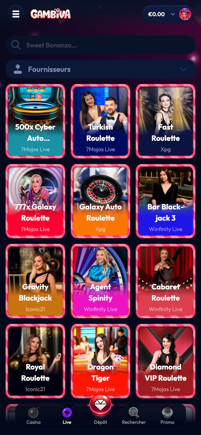 Section casino en direct sur mobile du casino Gambiva pr&eacute;sentant des tables de roulette et blackjack live avec croupiers et studios comme 7Mojos Live et Winfinity Live.