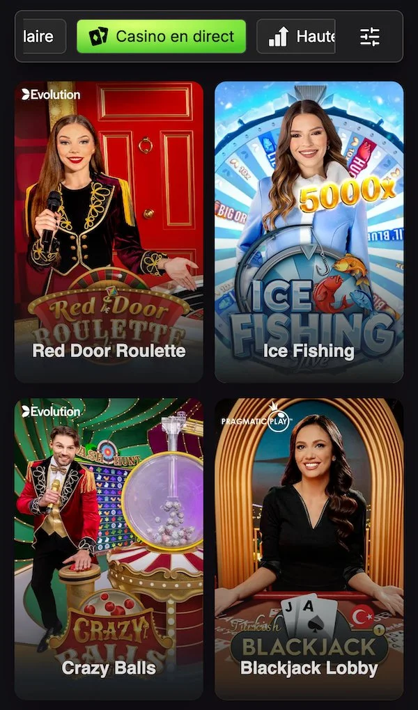 Section casino en direct de Vibebet sur mobile avec les tables Red Door Roulette, Ice Fishing, Crazy Balls et Blackjack Lobby disponibles.