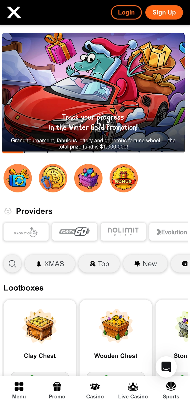 Capture d&rsquo;&eacute;cran mobile du site Casino X en ligne affichant une interface de casino avec promotions, bonus, fournisseurs de jeux et navigation vers casino, live casino et sports, montrant un casino en ligne distinct de l&rsquo;application mobile Casino X.