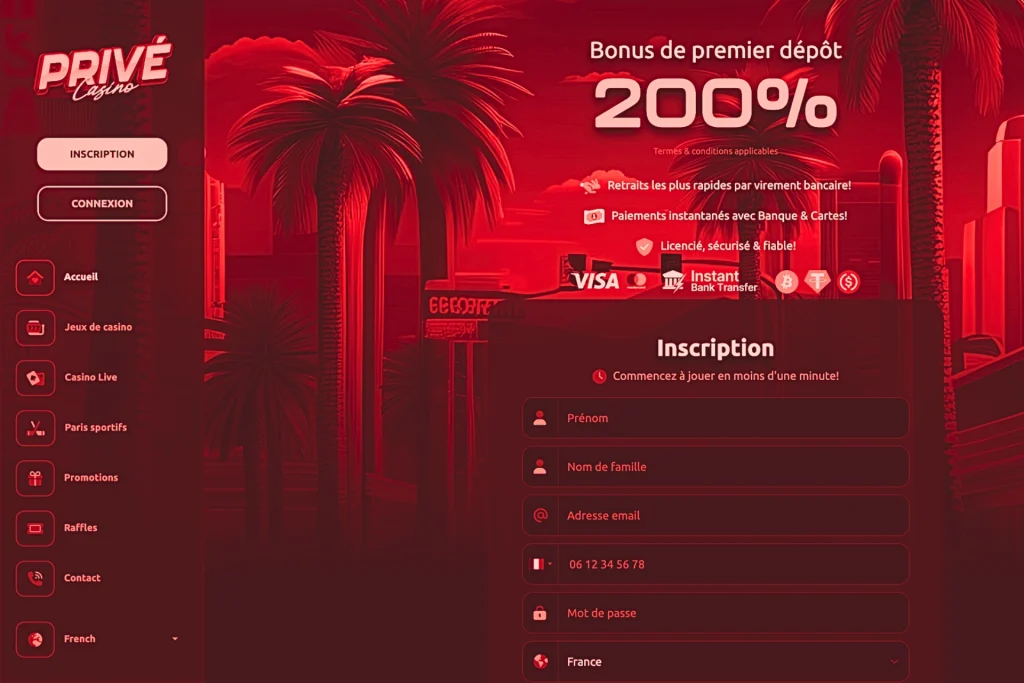 Page d’inscription du casino en ligne Casino Privé avec bonus affiché, correspondant à un site aujourd’hui fermé et inaccessible aux joueurs.