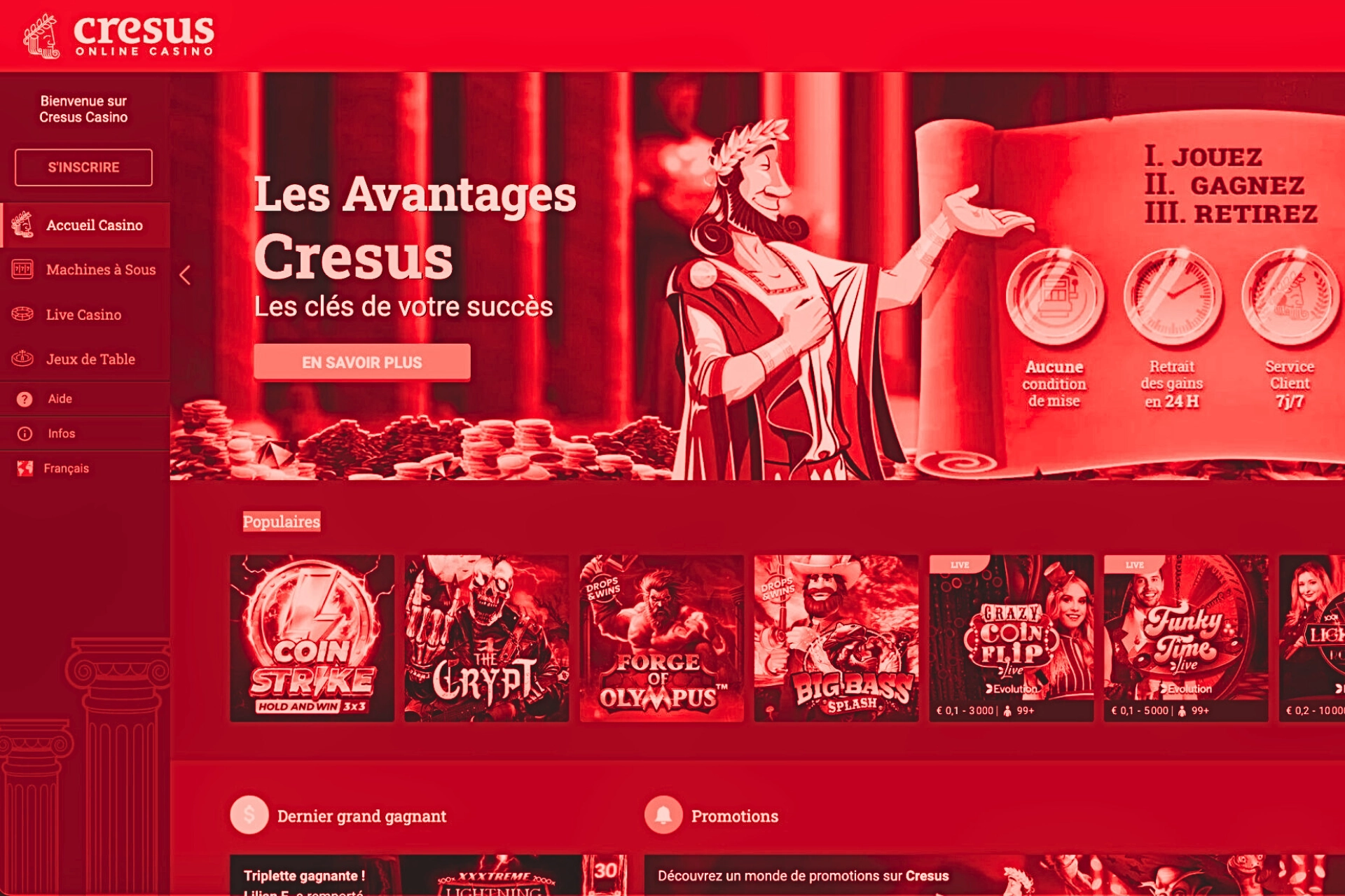 Page d’accueil du casino en ligne Cresus Casino présentant ses jeux et avantages, illustrant un site aujourd’hui fermé aux joueurs.