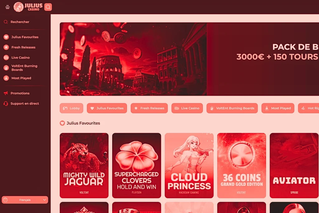Interface du site Julius Casino montrant les jeux et promotions
