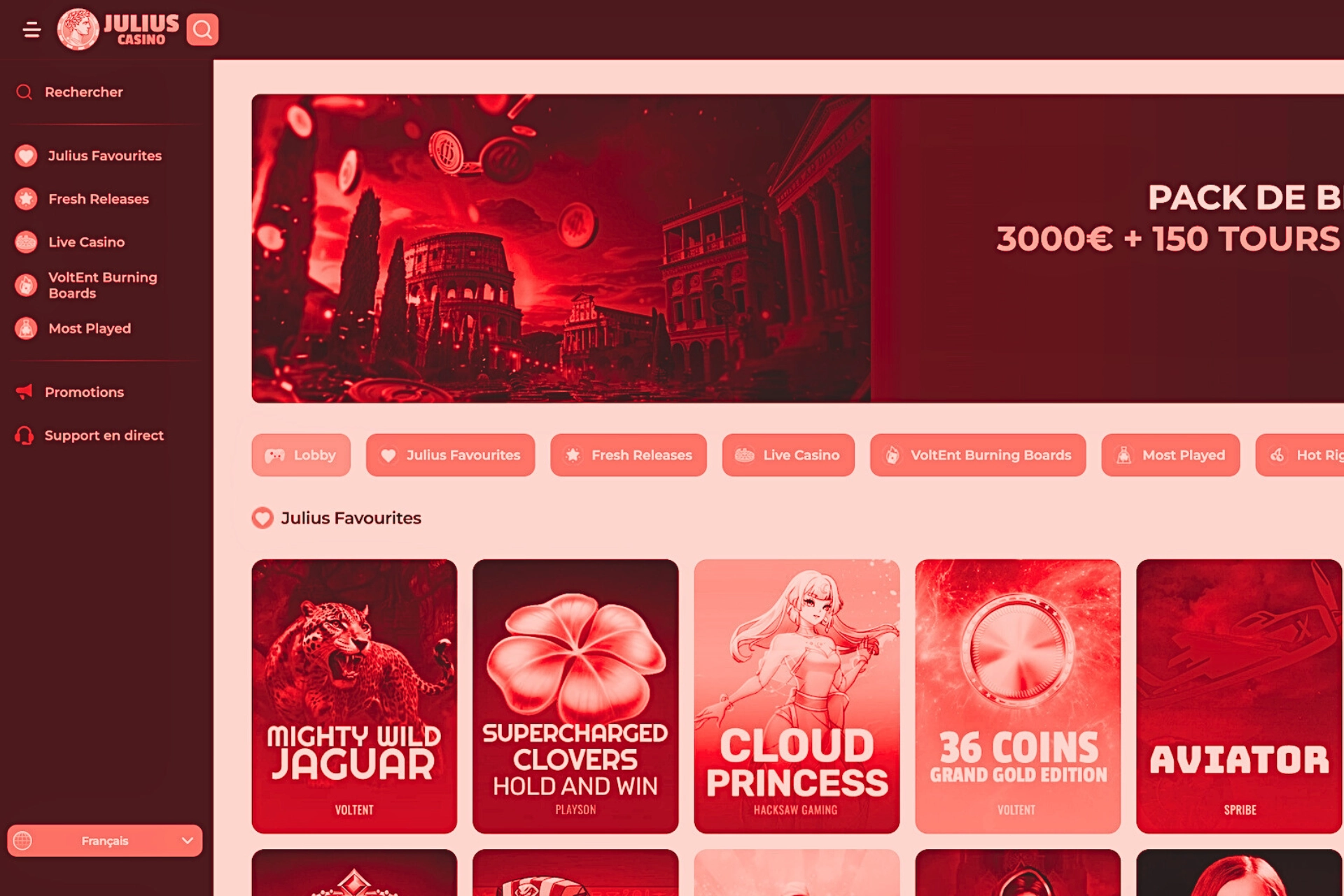 Ancienne page du casino en ligne Julius Casino avec interface rouge et pack de bienvenue jusqu’à 3 000 € et 150 tours gratuits, site aujourd’hui fermé et inaccessible.