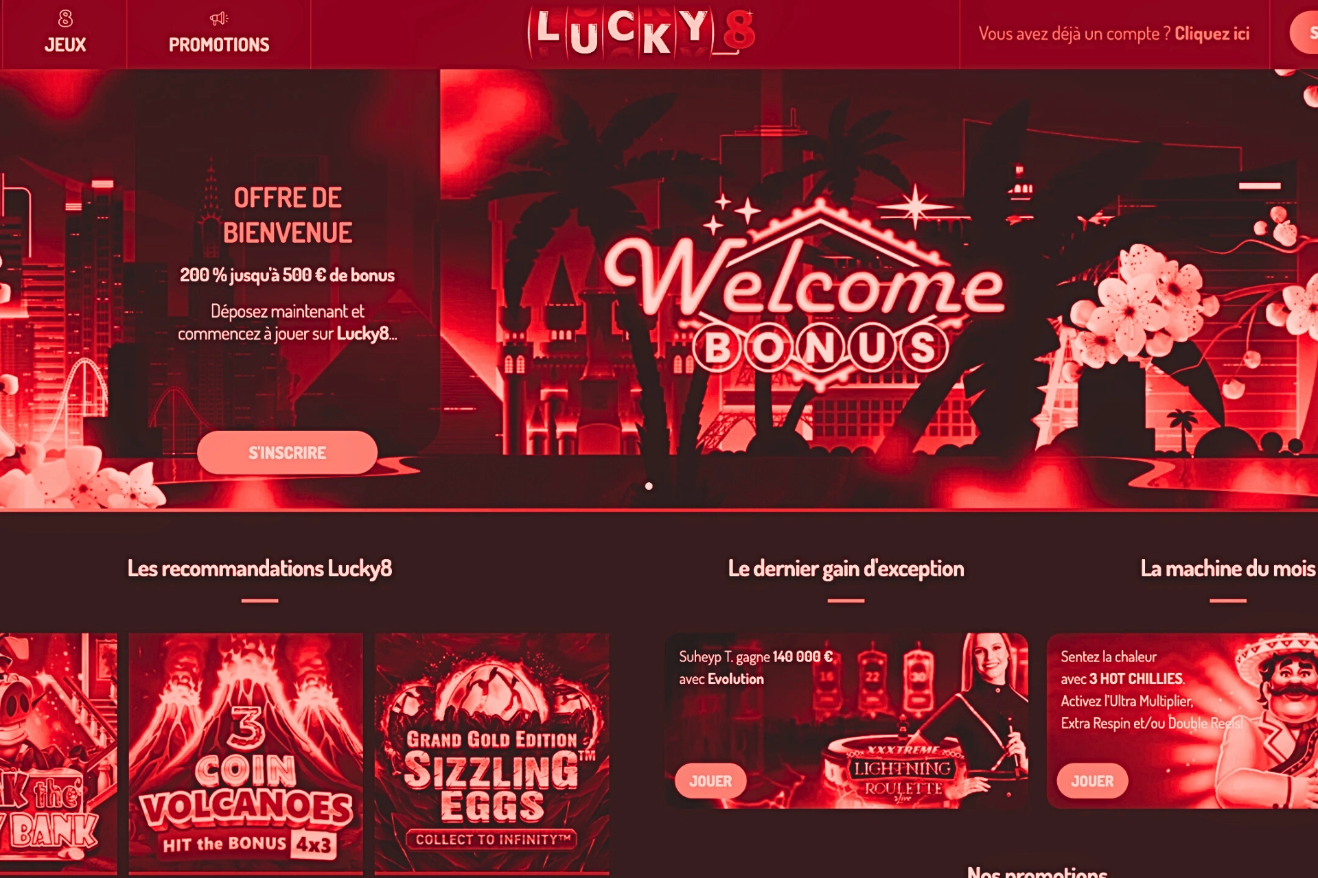 Capture d’écran du site Lucky8 montrant la page d’accueil d’un casino en ligne désormais fermé, avec une offre de bienvenue encore visible avant la fermeture définitive.