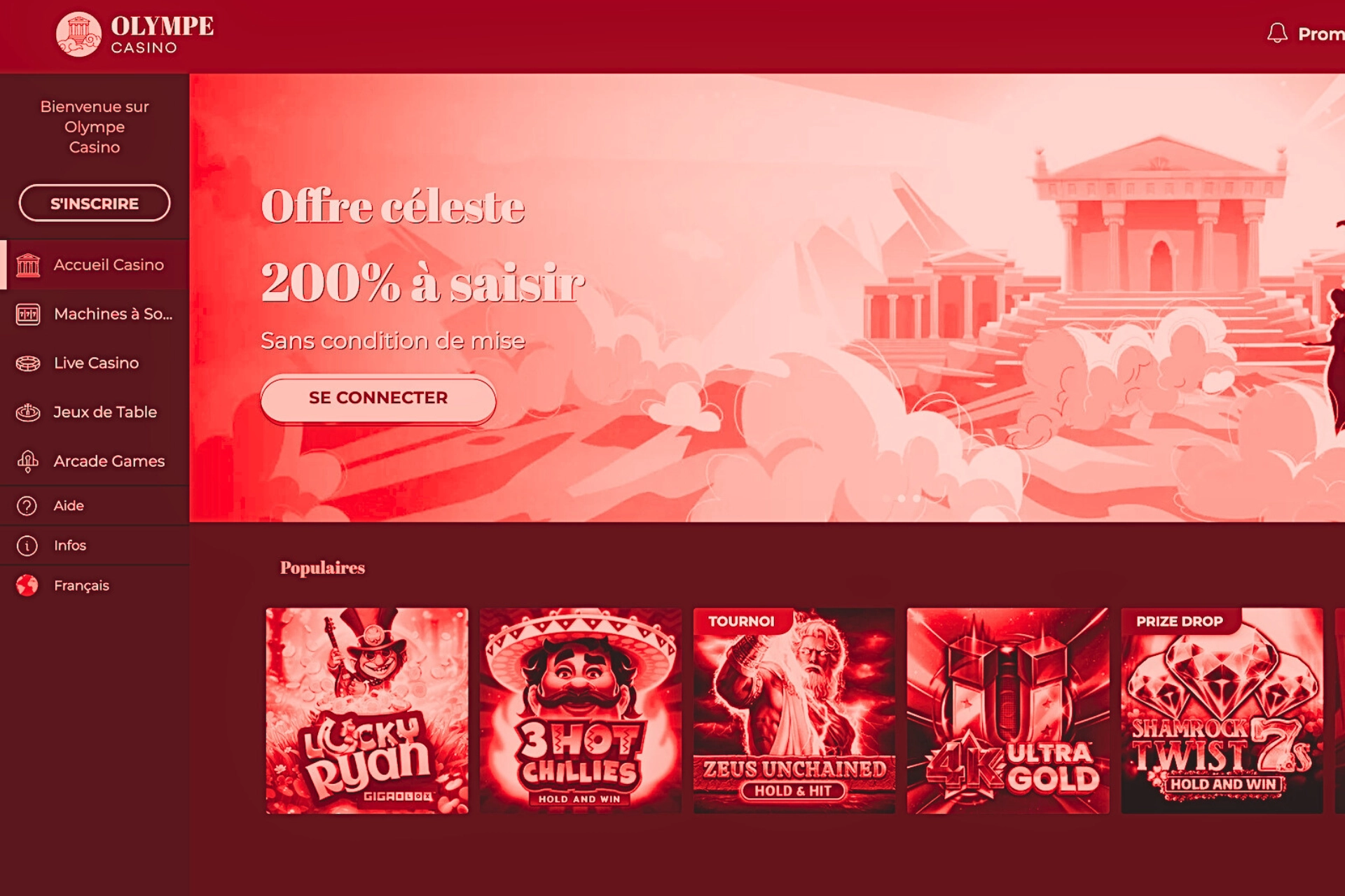 Capture d’écran du casino en ligne Olympe Casino montrant l’offre de bienvenue et les machines à sous, avant l’arrêt définitif du site.