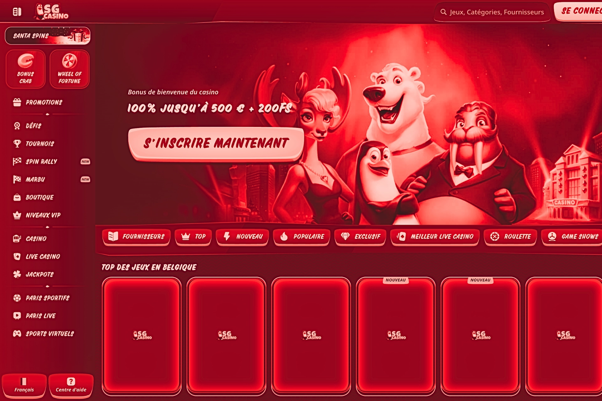 Page d&rsquo;accueil de SG Casino pr&eacute;sentant le bonus de bienvenue 100 % jusqu&rsquo;&agrave; 500 &euro; avec 200 free spins, un bouton s&rsquo;inscrire et les cat&eacute;gories de jeux du casino.