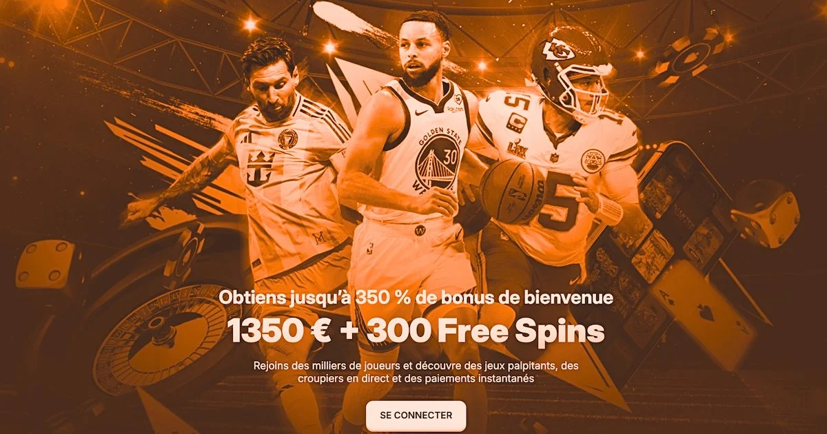 Page d'accueil de Vibebet avec trois sportifs en arri&egrave;re-plan, le bonus de bienvenue &agrave; 1 350 &euro; et 300 Free Spins mis en avant au centre de l'image, sur fond sombre avec teinte orange.