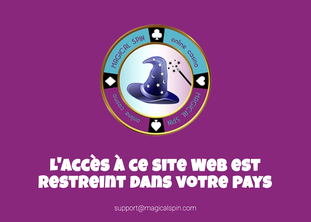 Message d&rsquo;erreur du casino en ligne Magical Spin indiquant que l&rsquo;acc&egrave;s au site est restreint dans le pays du joueur, avec fond violet, logo Magical Spin au centre, mention &ldquo;L&rsquo;acc&egrave;s &agrave; ce site web est restreint dans votre pays&rdquo; et adresse email support@magicalspin.com affich&eacute;e en bas de l&rsquo;&eacute;cran.