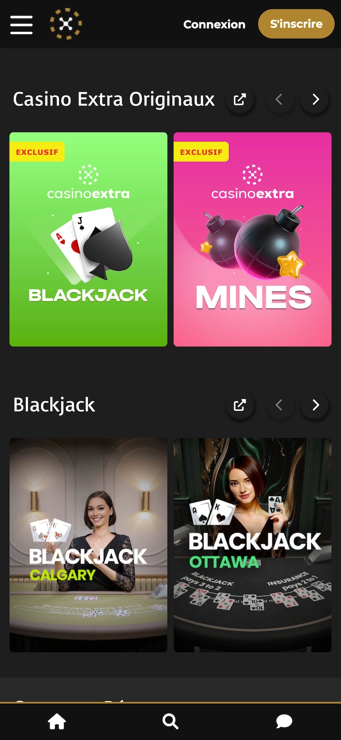 Page Casino Extra Originaux sur Casino Extra Tournament montrant des jeux exclusifs comme Blackjack et Mines avec badges exclusif et navigation mobile active