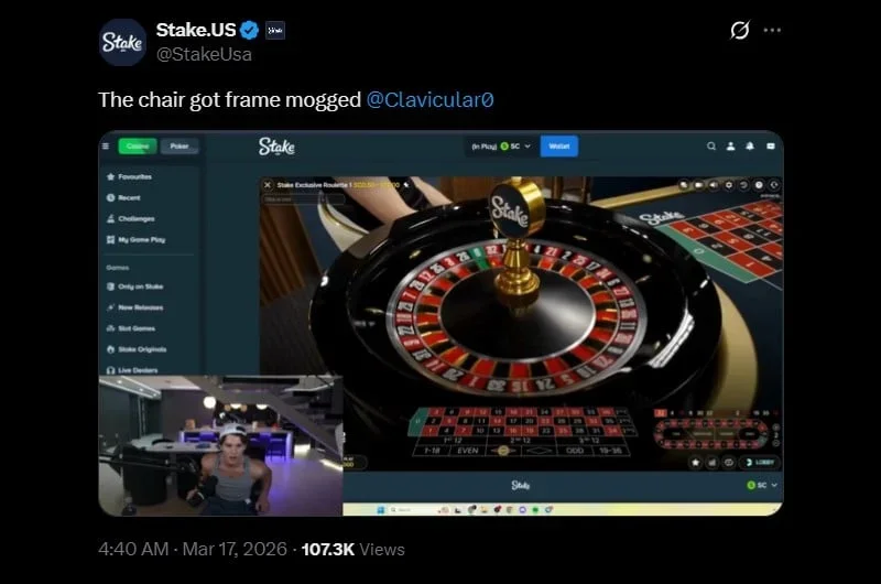 Tweet du compte Stake.US avec le texte "The chair got frame mogged @Clavicular0", qui montre une capture d