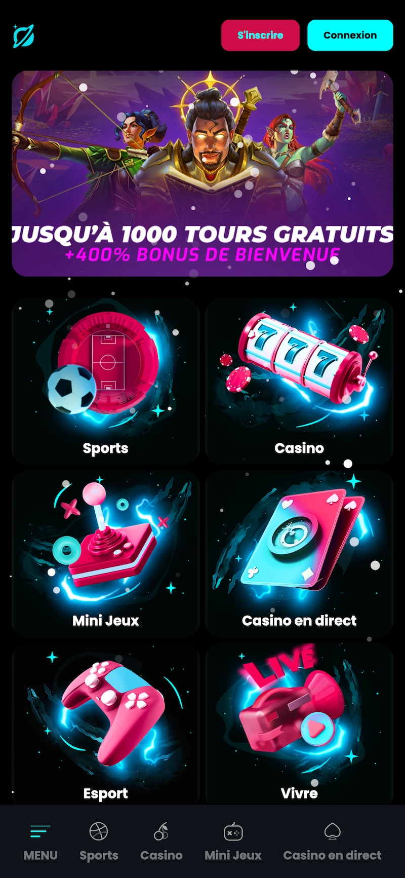 &Eacute;cran d&rsquo;accueil mobile Cosmobet Casino sur iPhone 14 Pro montrant acc&egrave;s Sports, Casino, Mini Jeux, Casino en direct et visuels promotionnels principaux.