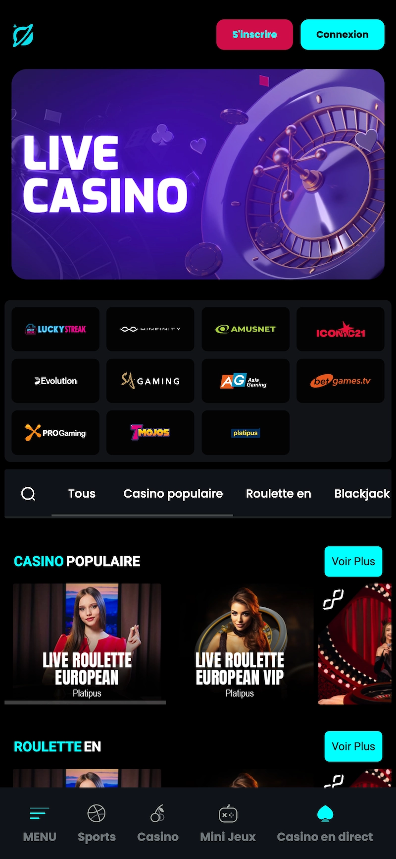 Section casino en direct de Cosmobet Casino sur mobile avec roulettes live europ&eacute;ennes, fournisseurs Evolution et Platipus, et menu de navigation casino live.