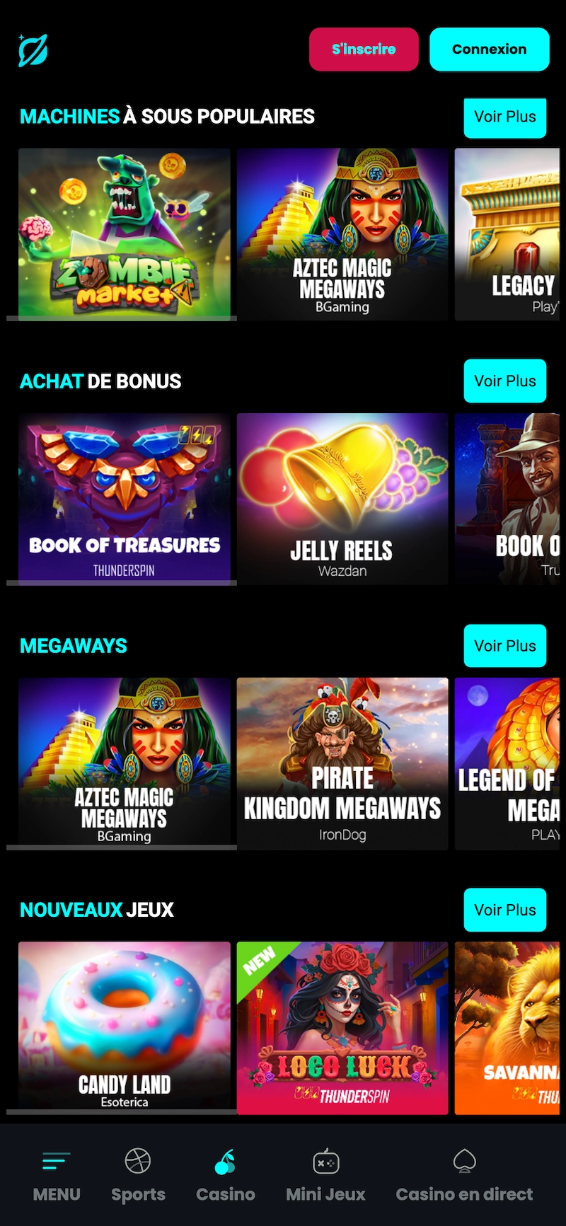 Interface mobile de Cosmobet Casino affichant les machines &agrave; sous populaires avec Zombie Market, Aztec Magic Megaways et navigation casino sombre avec boutons s&rsquo;inscrire et connexion.