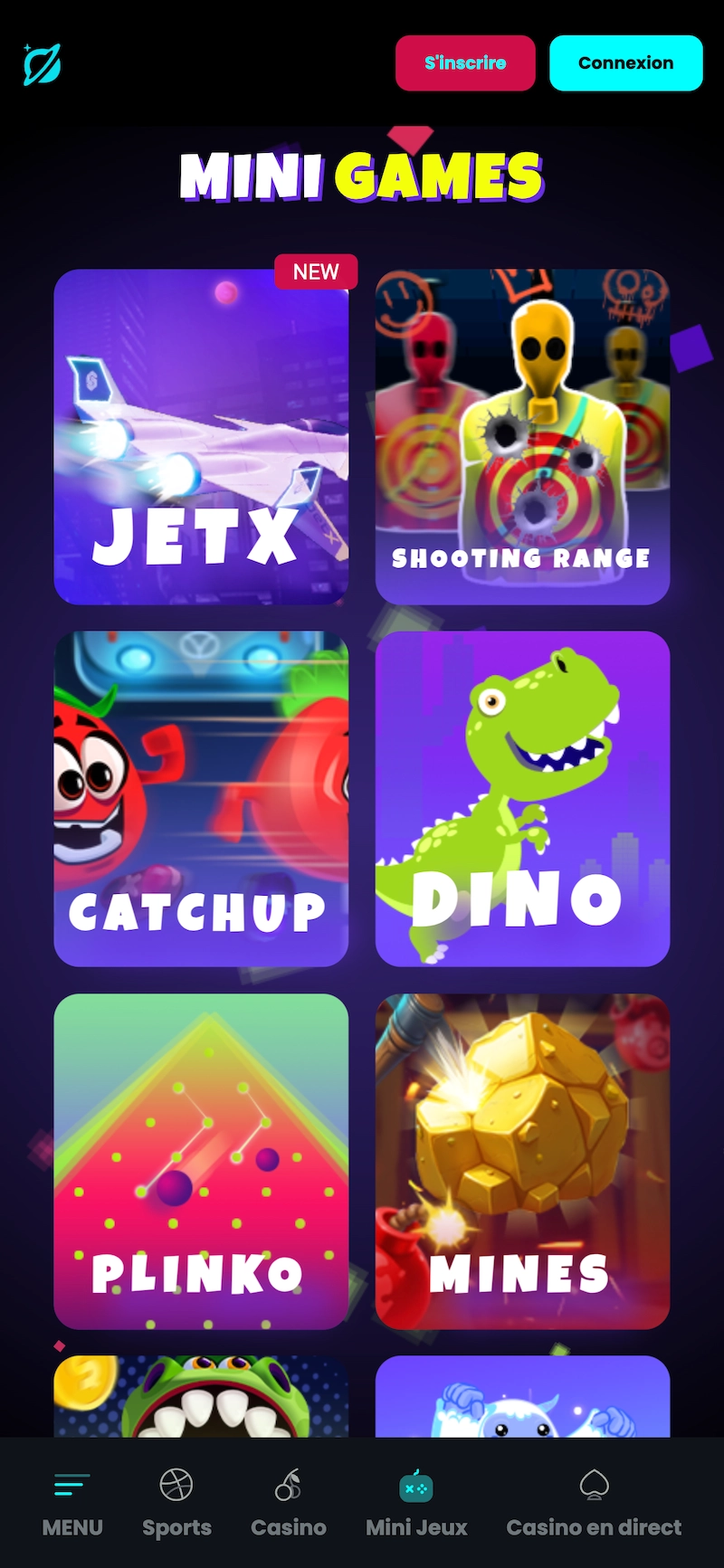 Page mini-jeux de Cosmobet Casino sur mobile montrant JetX, Plinko, Mines, Dino et Shooting Range avec interface color&eacute;e et acc&egrave;s rapide aux cat&eacute;gories mini-jeux.