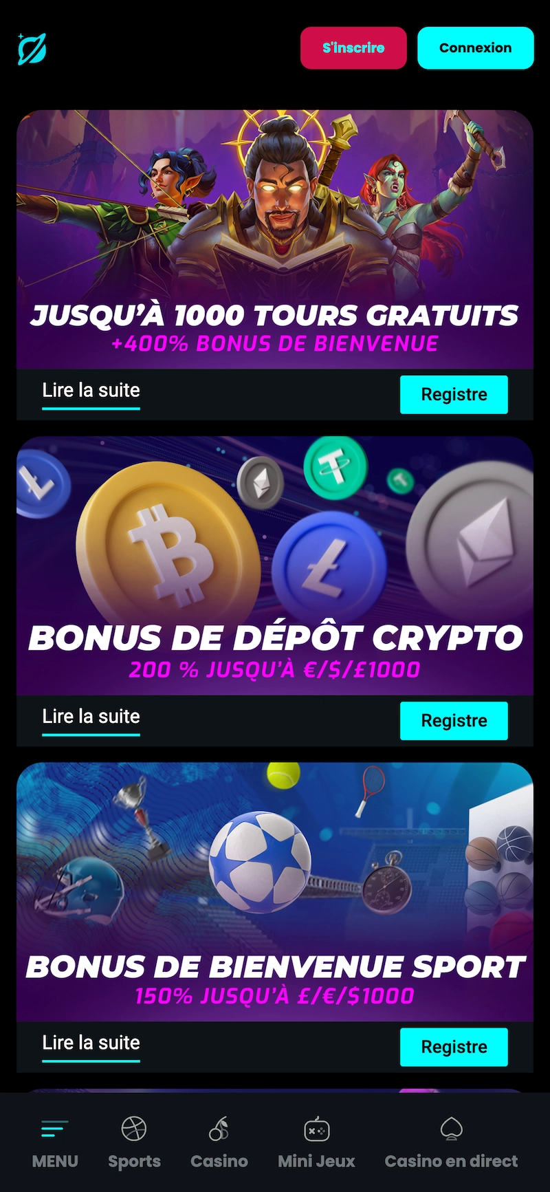 Page promotions Cosmobet Casino sur mobile affichant bonus de bienvenue 400 % jusqu&rsquo;&agrave; 1 000 tours gratuits, bonus crypto 200 % et bonus paris sportifs.