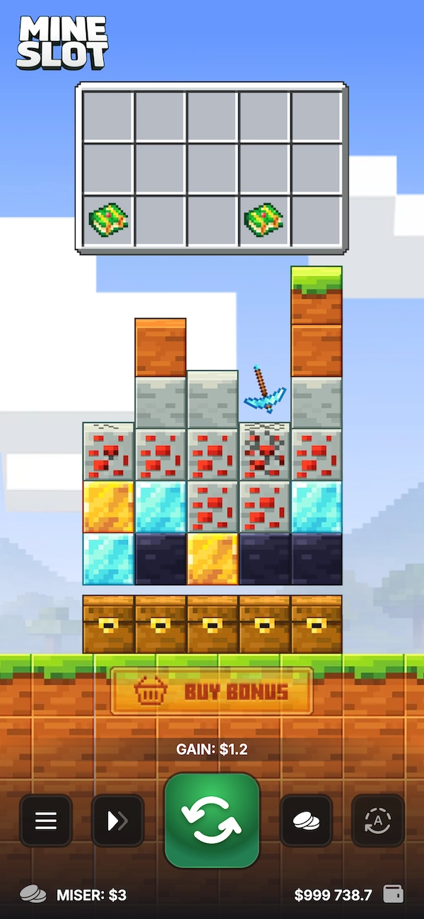 Gameplay de la machine &agrave; sous Mine Slot par InOut Games avec une pioche en diamant en train de creuser une grille de blocs de minerais, mise &agrave; 3 dollars et gain affich&eacute; de 1,20 dollar
