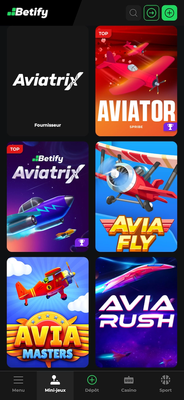 Page mini-jeux de Betify avec les vignettes Aviator, Aviatrix, Avia Fly, Avia Masters et Avia Rush, et le menu affich&eacute; en bas de l&rsquo;&eacute;cran