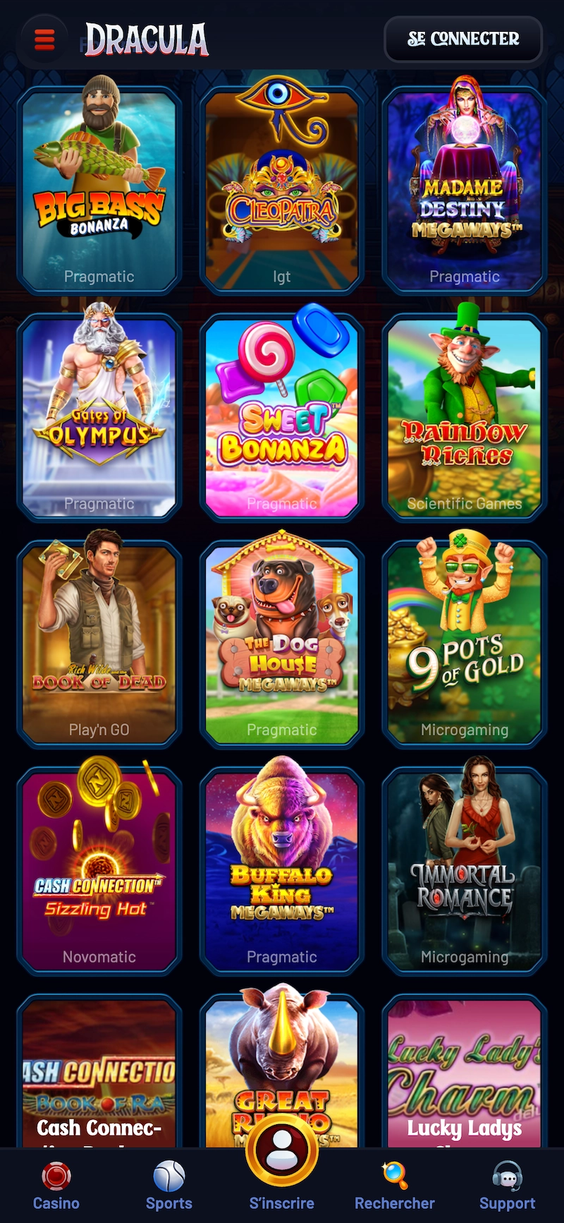 Catalogue de machines à sous sur Dracula Casino en version mobile avec Big Bass Bonanza, Cleopatra, Sweet Bonanza, Book of Dead et d’autres slots populaires visibles à l’écran.