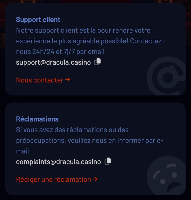 Page contact de Dracula Casino affichant les options de support client par email, le contact support@dracula.casino et l’adresse complaints@dracula.casino pour les problèmes.