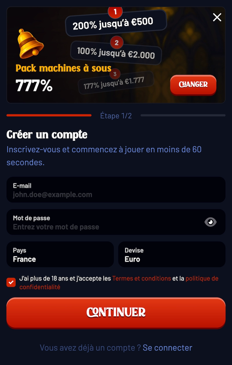Formulaire d’inscription sur Dracula Casino affichant le pack machines à sous 777 %, les champs email et mot de passe, le bouton Continuer et l’inscription en moins de 60 secondes.