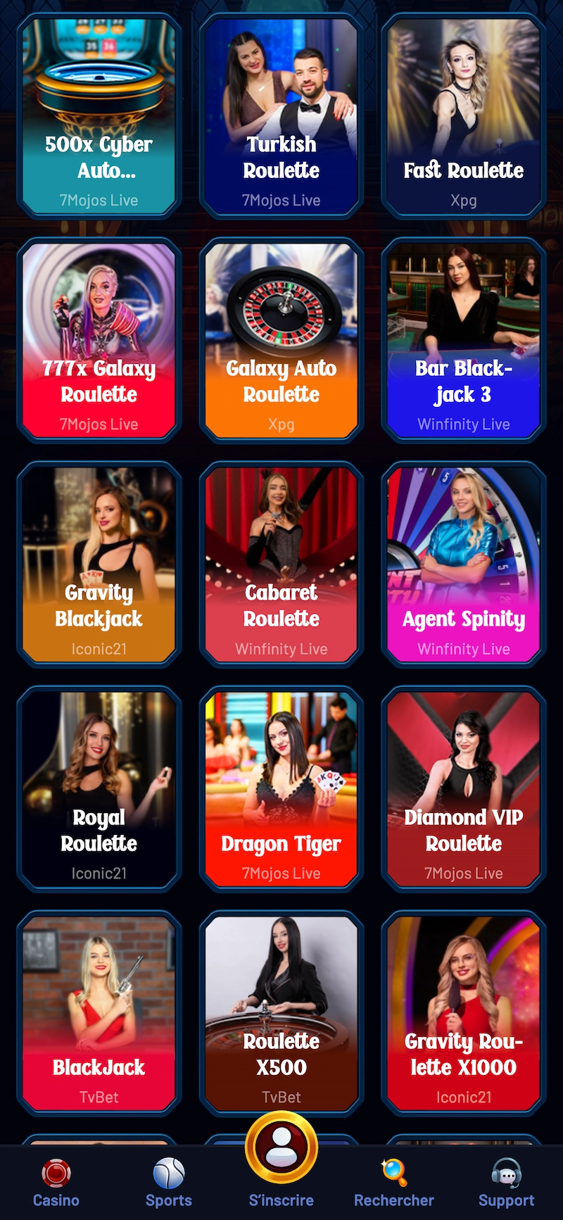 Section casino live de Dracula Casino montrant les tables de roulette, blackjack et dragon tiger avec croupiers en direct et fournisseurs comme 7Mojos Live.