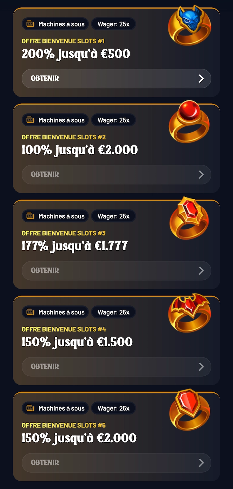 Page des bonus de bienvenue sur Dracula Casino affichant les offres machines à sous 200 % jusqu’à 500 €, 100 % jusqu’à 2 000 € et 177 % jusqu’à 1 777 € avec wager 25x.