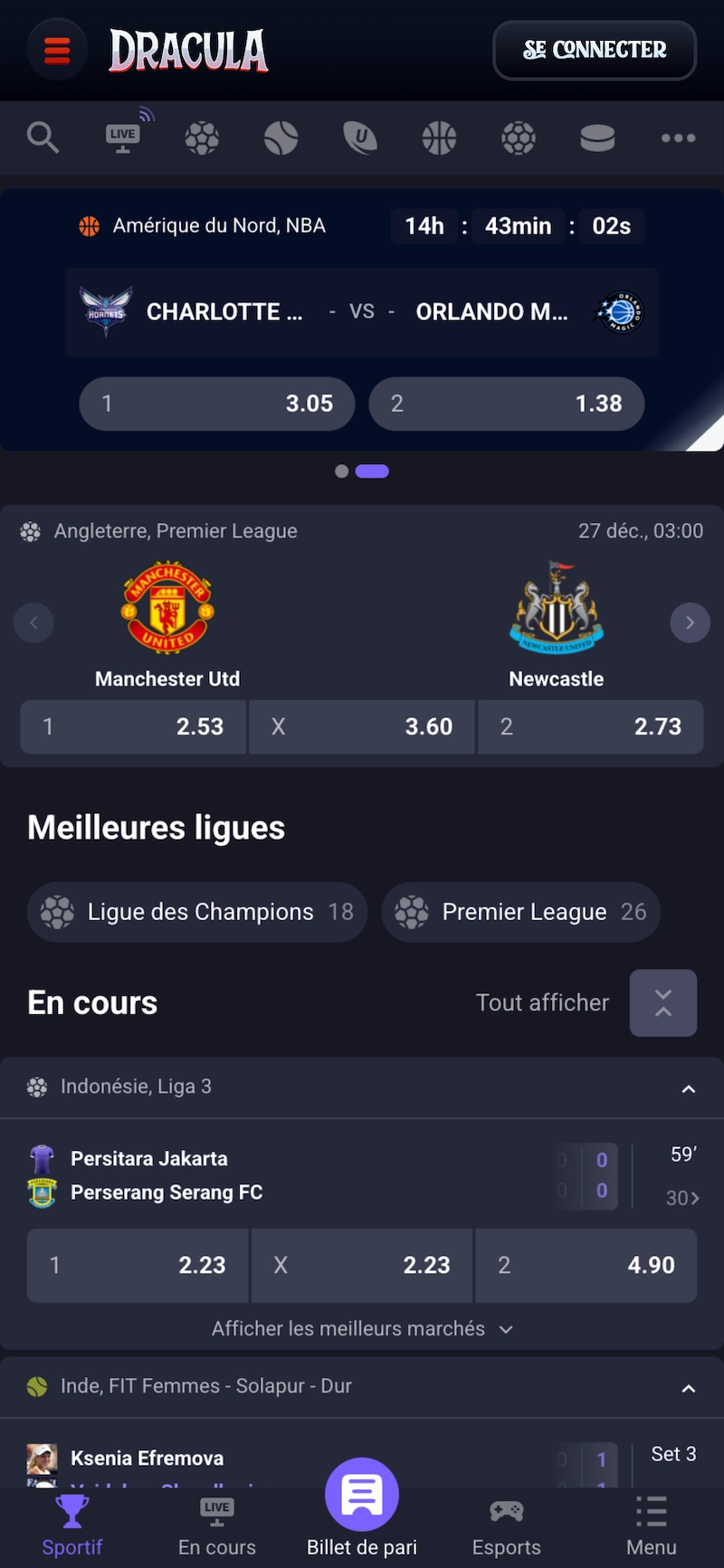 Interface mobile des paris sportifs sur Dracula Casino montrant des matchs de football, NBA et ligues en direct avec cotes, marchés simples et navigation par sport.