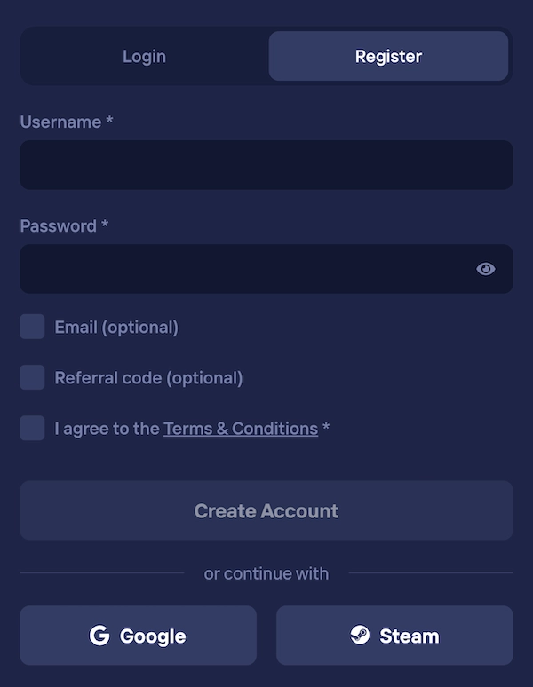 Formulaire d’inscription Duel.com avec création de compte, pseudo, mot de passe et connexion un compte Google ou Steam