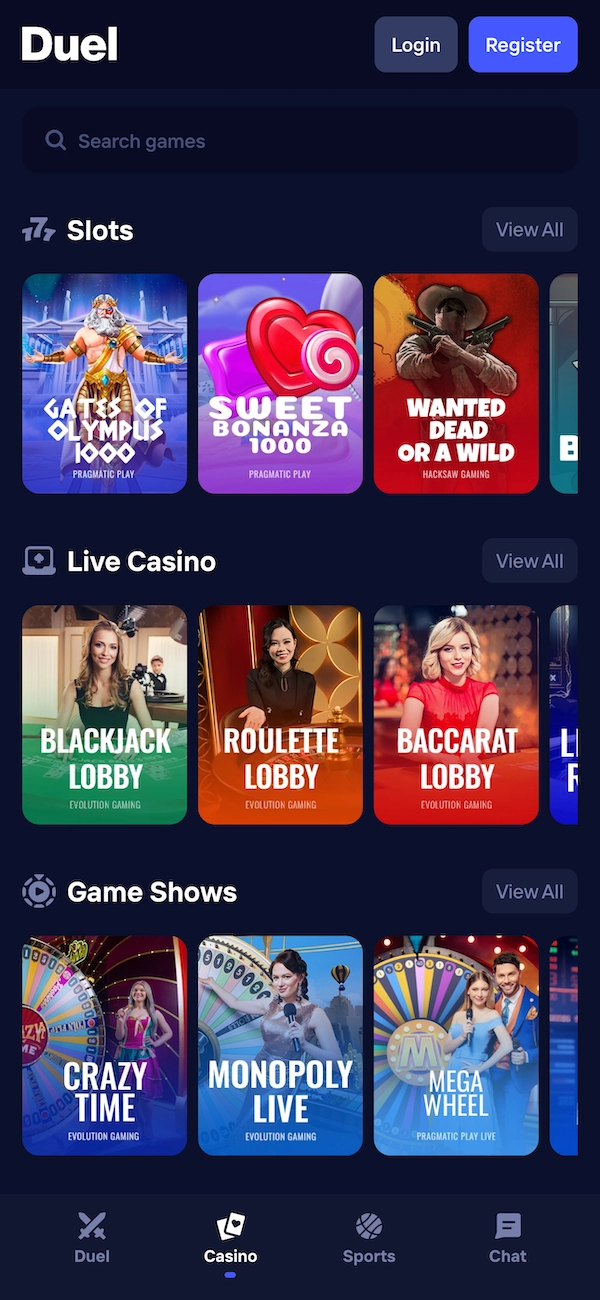 Catalogue jeux Duel.com avec machines à sous et casino live Evolution
