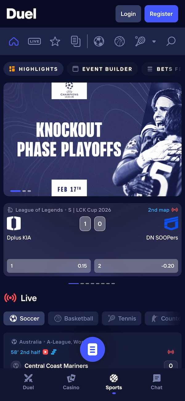 Interface paris sportifs Duel.com avec matchs en direct et cotes e-sport