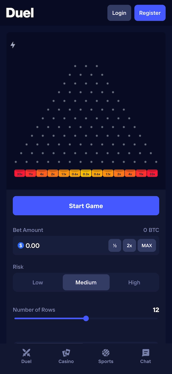 Jeu Plinko Duel Originals sur Duel.com avec multiplicateurs et mise en BTC