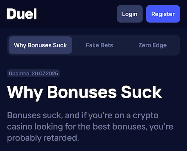 Page Duel.com Why Bonuses Suck qui explique pourquoi il n'y a pas de bonus sur le casino crypto