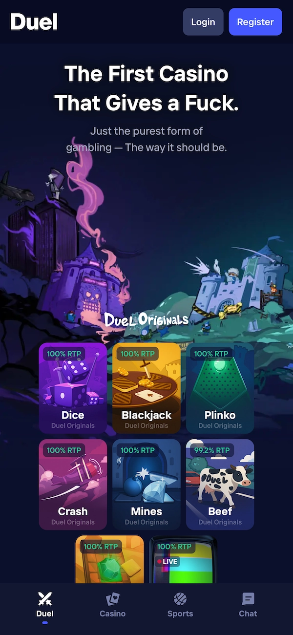 Page d’accueil Duel.com qui présente les jeux maison Duel Originals avec le RTP affiché à 100%