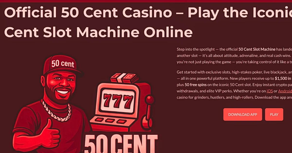 Illustration d’un faux casino 50 Cent avec un personnage cartoon inspiré du rappeur, une machine à sous 777 et des promesses de gains, utilisé pour promouvoir une arnaque de casino en ligne non officielle.