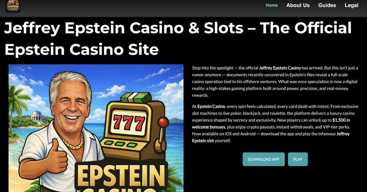 Page d’accueil du faux site Jeffrey Epstein Casino & Slots avec une illustration caricaturale de Jeffrey Epstein devant une machine à sousq qui montre les chiffres 777 et un texte qui présente un prétendu casino officiel.