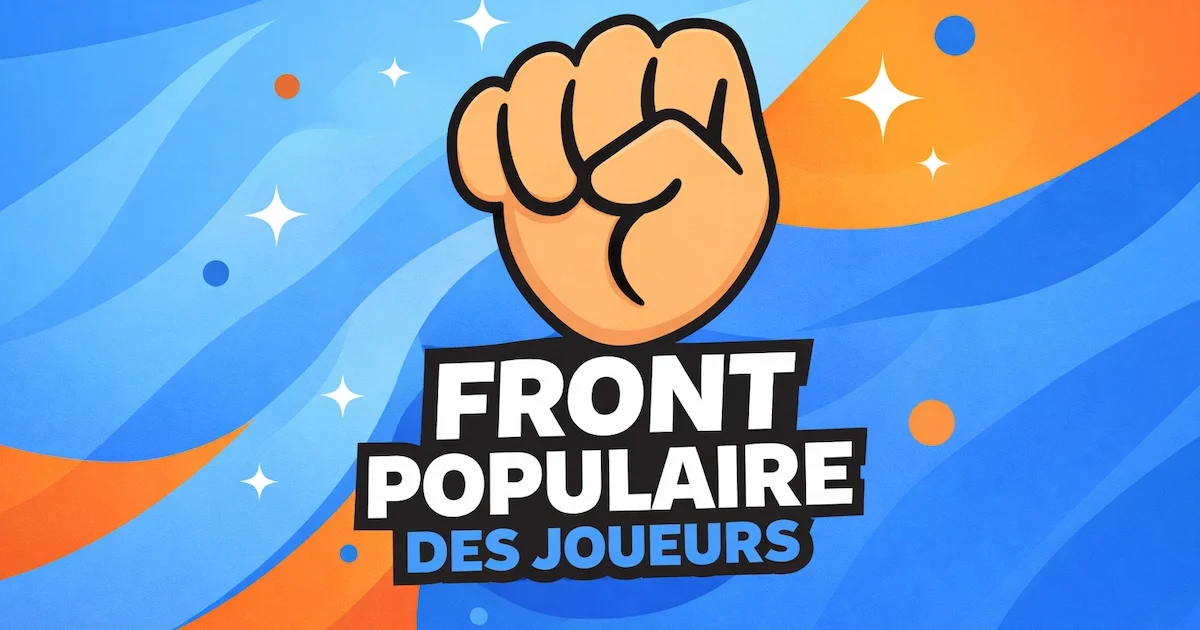 Illustration vectorielle moderne du logo Front Populaire des Joueurs avec un poing levé stylisé au centre, sur un fond dynamique bleu et orange, et le texte “FRONT POPULAIRE” en blanc et “DES JOUEURS” en bleu affiché en dessous du symbole.