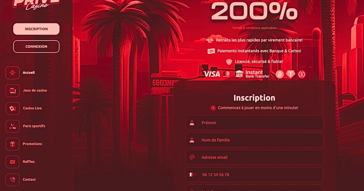 Page d’inscription du casino en ligne Casino Privé avec bonus affiché, correspondant à un site aujourd’hui fermé et inaccessible aux joueurs.