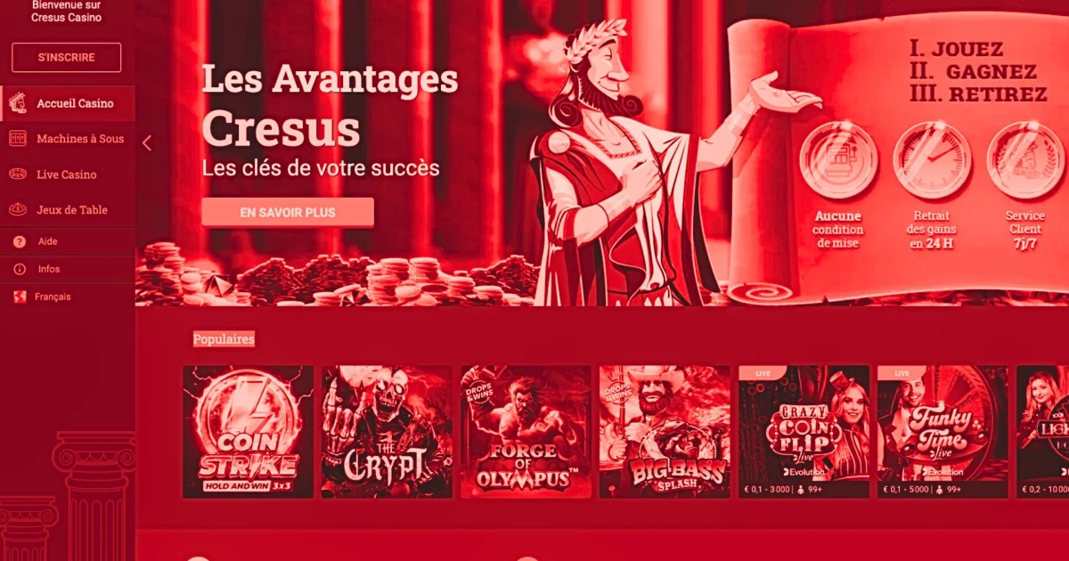 Page d’accueil du casino en ligne Cresus Casino présentant ses jeux et avantages, illustrant un site aujourd’hui fermé aux joueurs.