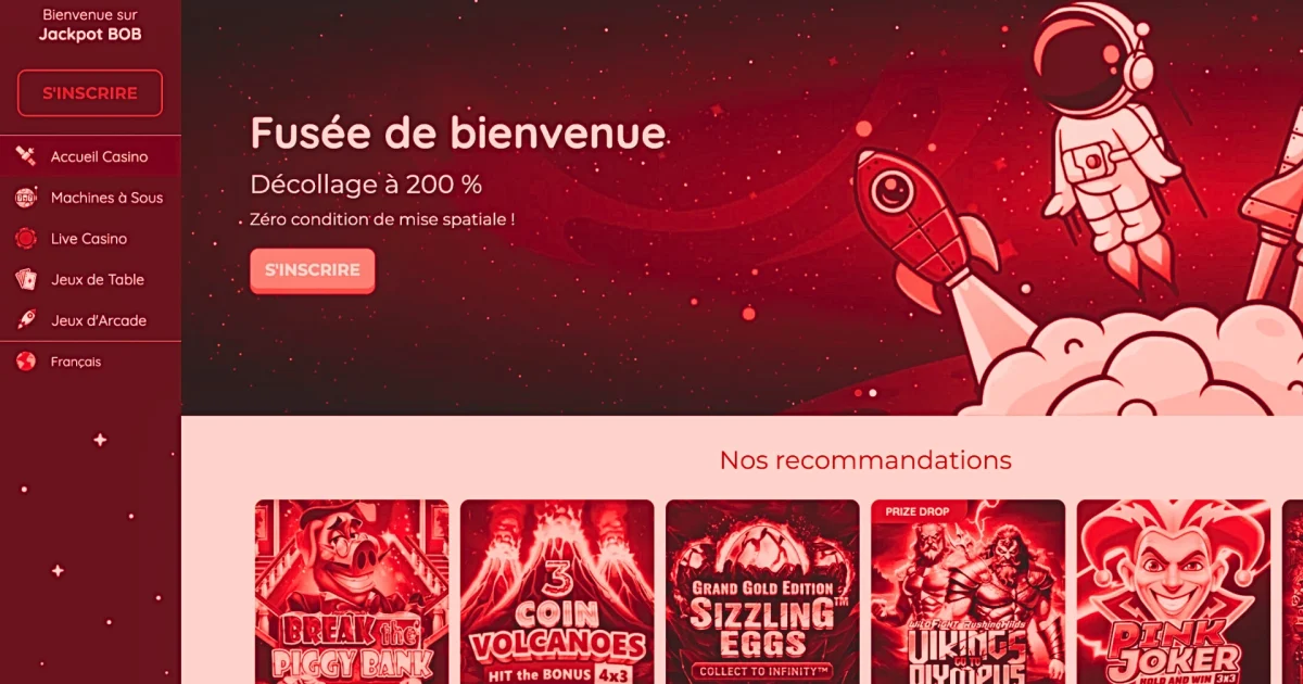 Capture d’écran du casino en ligne Jackpot Bob affichant la page d’accueil et les jeux, avant la fermeture complète du site pour les joueurs francophones.