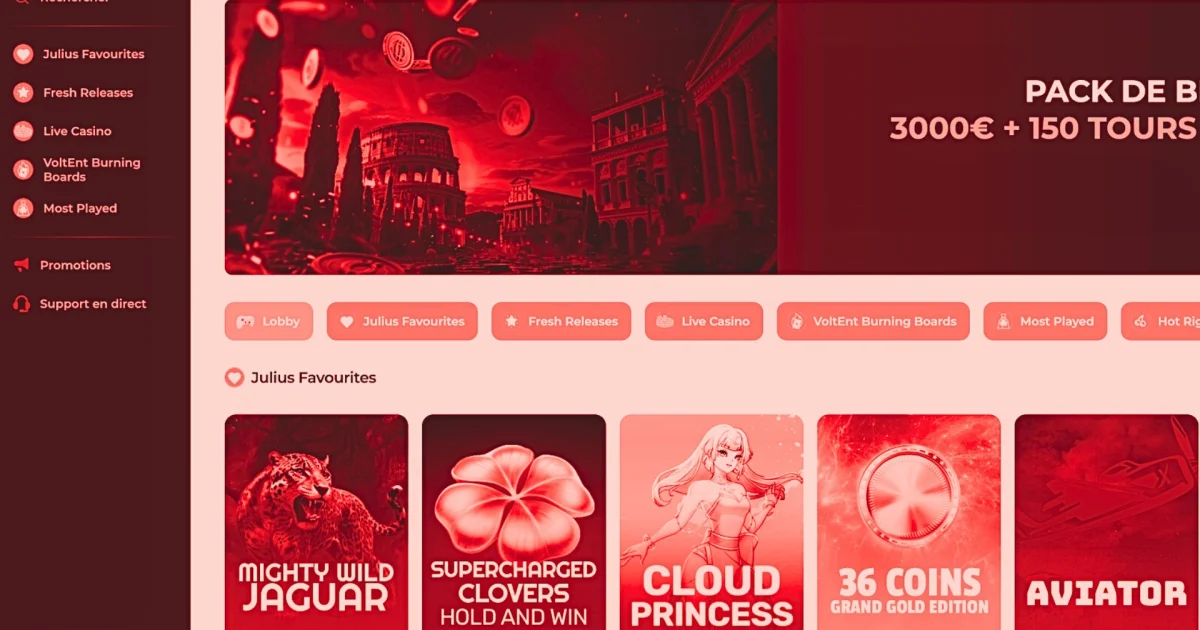 Ancienne page du casino en ligne Julius Casino avec interface rouge et pack de bienvenue jusqu’à 3 000 € et 150 tours gratuits, site aujourd’hui fermé et inaccessible.