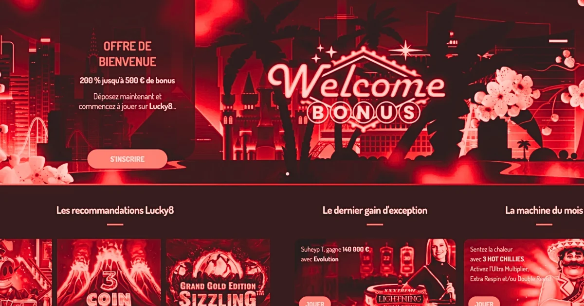 Capture d’écran du site Lucky8 montrant la page d’accueil d’un casino en ligne désormais fermé, avec une offre de bienvenue encore visible avant la fermeture définitive.