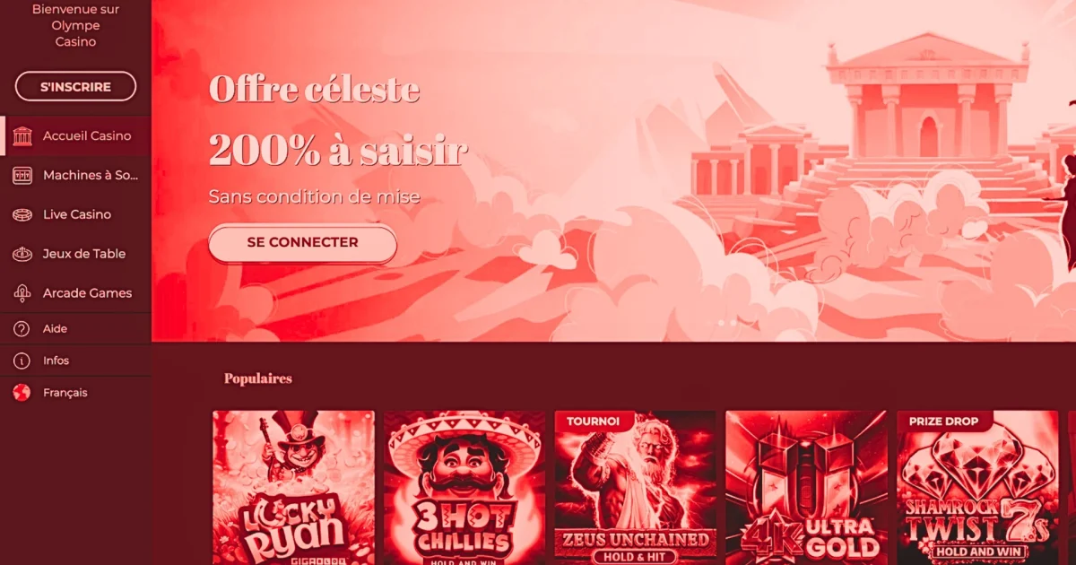 Capture d’écran du casino en ligne Olympe Casino montrant l’offre de bienvenue et les machines à sous, avant l’arrêt définitif du site.